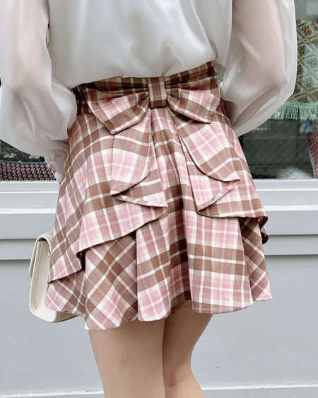 バックリボンチェック柄フレアスカパン