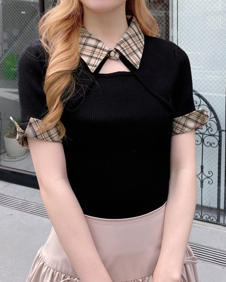 INGNI（イング） チェック襟デコルテオープン半袖ニット ｸﾛ/ﾍﾞｰｼﾞｭﾁｪｯｸ