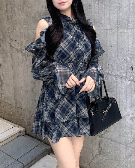 INGNI（イング） 2Wayリボン肩あきフリルミニワンピース ｺﾝ/ﾁｪｯｸ