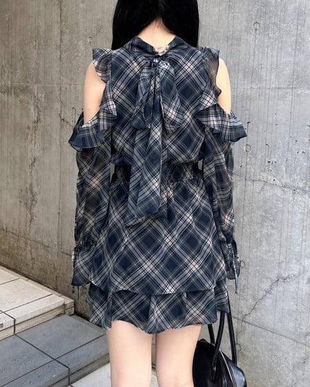 INGNI（イング） 2Wayリボン肩あきフリルミニワンピース ｺﾝ/ﾁｪｯｸ