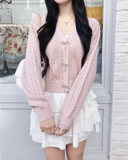 INGNI（イング） パターンメッシュリボンボタンニットカーディガン ﾋﾟﾝｸ