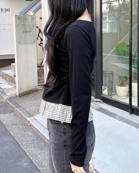 INGNI（イング） チェックリボンレイヤードトップス ｸﾛ