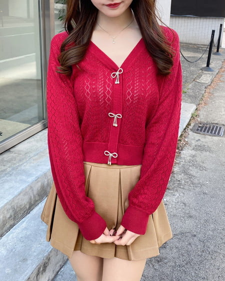 INGNI(イング) パターンメッシュリボンボタンニットカーディガン アカ