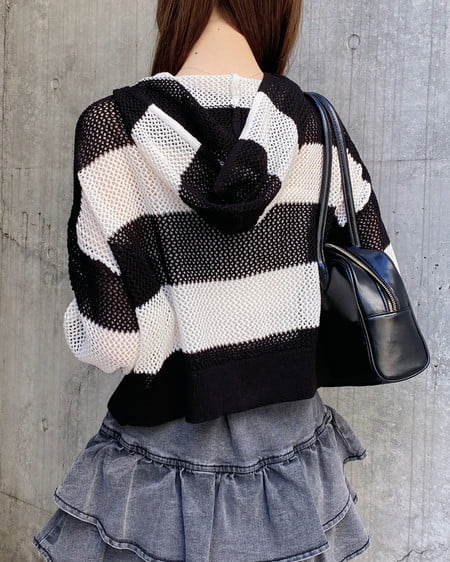 INGNI（イング） ボーダーメッシュニットパーカー ｸﾛ/ｵﾌﾎﾜｲﾄ