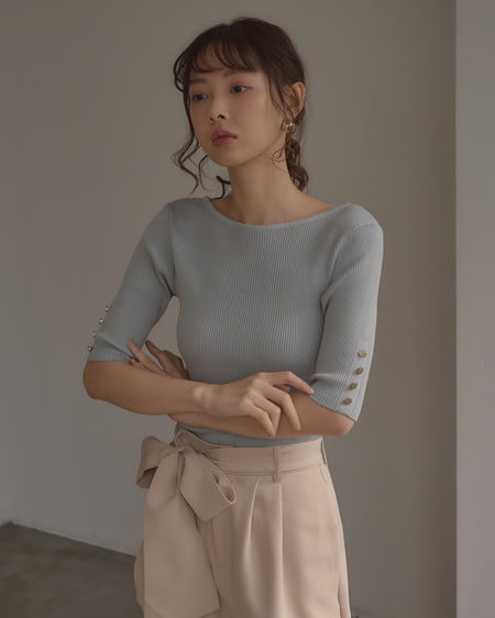 INGNI（イング） 袖金ボタンボートネック半袖ニット ﾐﾝﾄｸﾞﾘｰﾝ