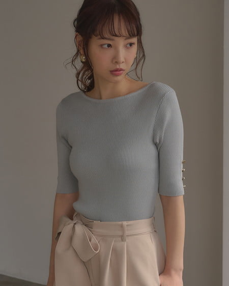 INGNI（イング） 袖金ボタンボートネック半袖ニット ﾐﾝﾄｸﾞﾘｰﾝ