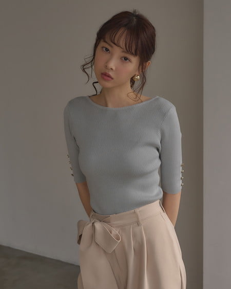 INGNI（イング） 袖金ボタンボートネック半袖ニット ﾐﾝﾄｸﾞﾘｰﾝ