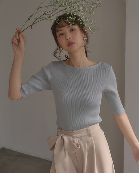 INGNI（イング） 袖金ボタンボートネック半袖ニット ﾐﾝﾄｸﾞﾘｰﾝ