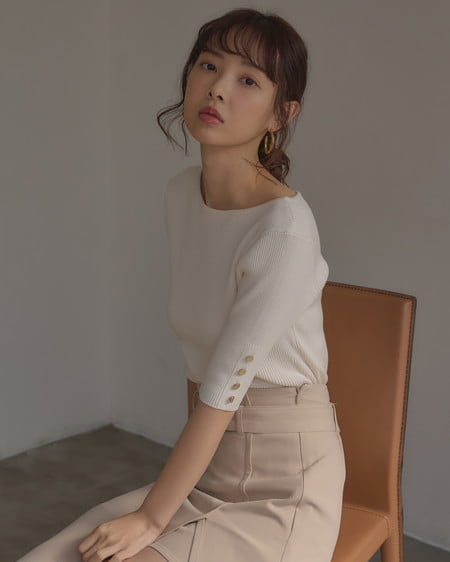 INGNI（イング） 袖金ボタンボートネック半袖ニット ｱｲﾎﾞﾘｰ