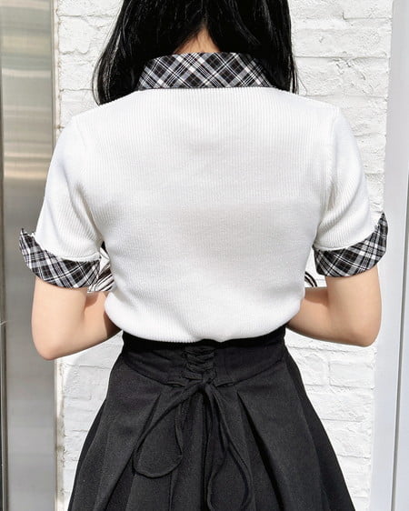 INGNI(イング) チェック襟デコルテオープン半袖ニット オフホワイト/クロチェック