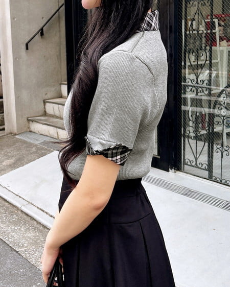 INGNI（イング） チェック襟デコルテオープン半袖ニット ｸﾞﾚｰ/ｸﾛﾁｪｯｸ