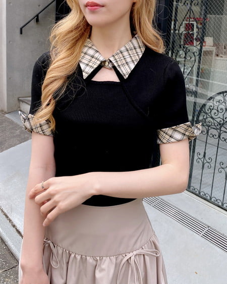 INGNI（イング） チェック襟デコルテオープン半袖ニット ｸﾛ/ﾍﾞｰｼﾞｭﾁｪｯｸ