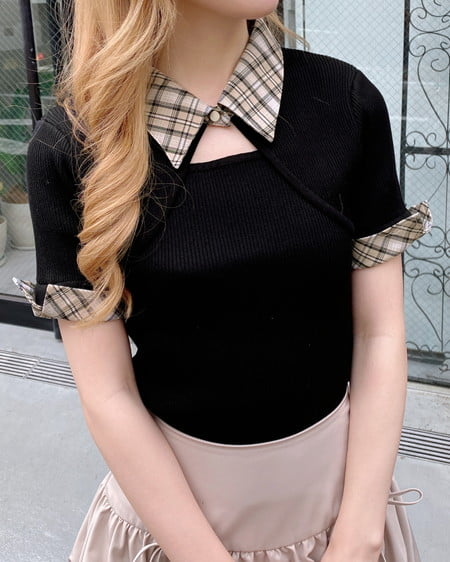 INGNI（イング） チェック襟デコルテオープン半袖ニット ｸﾛ/ﾍﾞｰｼﾞｭﾁｪｯｸ