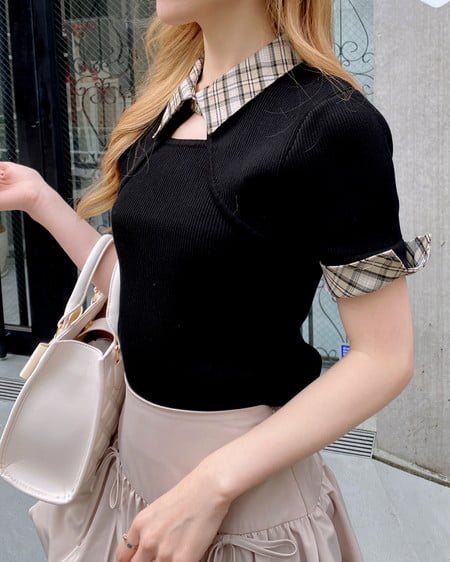 INGNI（イング） チェック襟デコルテオープン半袖ニット ｸﾛ/ﾍﾞｰｼﾞｭﾁｪｯｸ