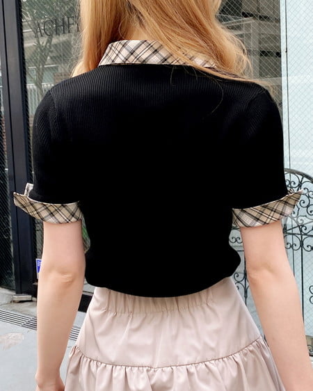 INGNI（イング） チェック襟デコルテオープン半袖ニット ｸﾛ/ﾍﾞｰｼﾞｭﾁｪｯｸ