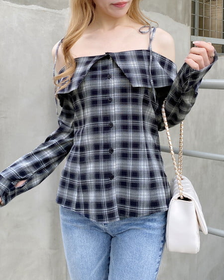 INGNI(イング) オフショルチェックブラウス コン/チェック