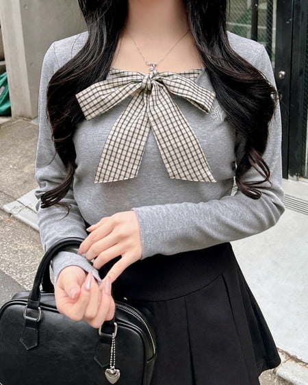 チェックリボンレイヤードトップス