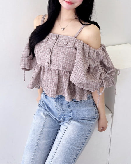 INGNI（イング） ツイードペプラムオフショルブラウス ﾋﾟﾝｸ