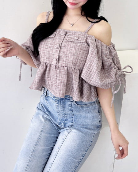 INGNI（イング） ツイードペプラムオフショルブラウス ﾋﾟﾝｸ