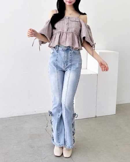 INGNI（イング） ツイードペプラムオフショルブラウス ﾋﾟﾝｸ