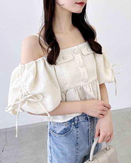 INGNI（イング） ツイードペプラムオフショルブラウス ｱｲﾎﾞﾘｰ