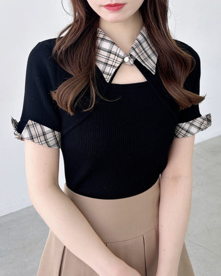 INGNI（イング） チェック襟デコルテオープン半袖ニット ｸﾛ/ﾍﾞｰｼﾞｭﾁｪｯｸ