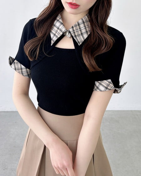 INGNI（イング） チェック襟デコルテオープン半袖ニット ｸﾛ/ﾍﾞｰｼﾞｭﾁｪｯｸ