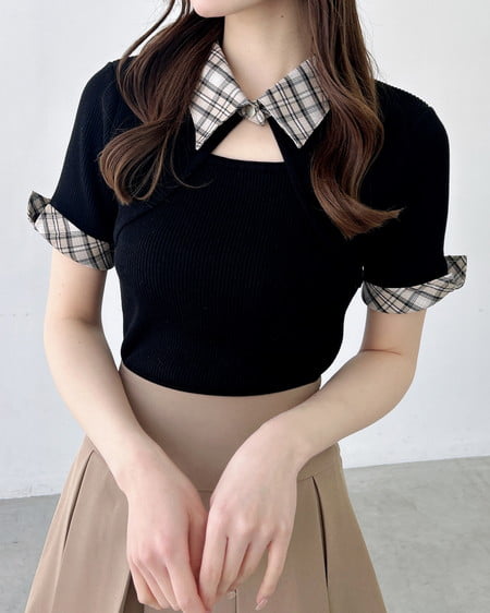 INGNI（イング） チェック襟デコルテオープン半袖ニット ｸﾛ/ﾍﾞｰｼﾞｭﾁｪｯｸ