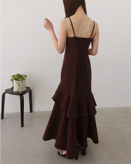 INGNI（イング） バックレースアップアシメスリットキャミワンピース ﾀﾞｰｸﾌﾞﾗｳﾝ