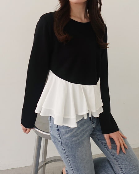 INGNI(イング) アシメ異素材ペプラムトップス クロ