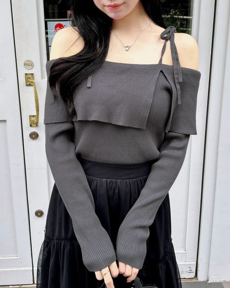 INGNI（イング） 両肩リボンスリットニット ｸﾞﾚｰ