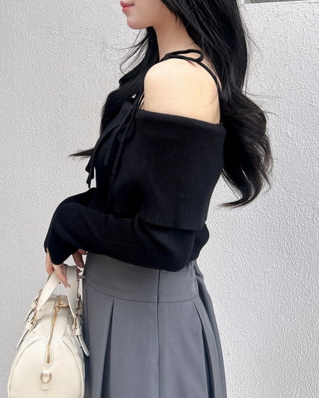 INGNI（イング） 両肩リボンスリットニット ｸﾛ