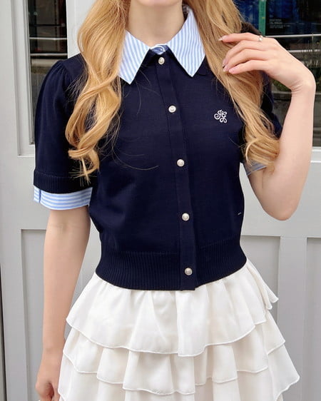 INGNI（イング） Wカラー配色半袖ポロニット ｺﾝ/ﾌﾞﾙｰｽﾄﾗｲﾌﾟ