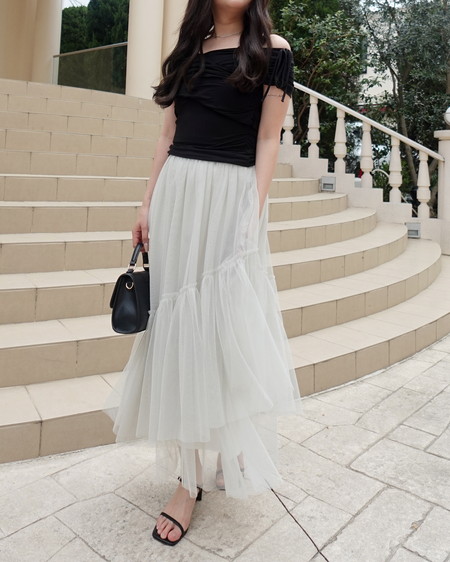 INGNI（イング） ラメチュールフレアスカート ｵﾌﾎﾜｲﾄ