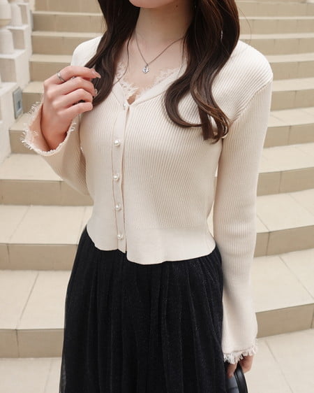 INGNI（イング） レースリブニットカーディガン ｱｲﾎﾞﾘｰ