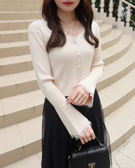 INGNI（イング） レースリブニットカーディガン ｱｲﾎﾞﾘｰ