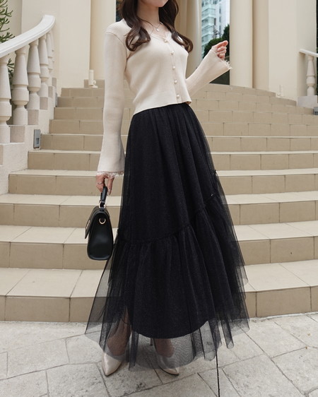 INGNI（イング） ラメチュールフレアスカート ｸﾛ