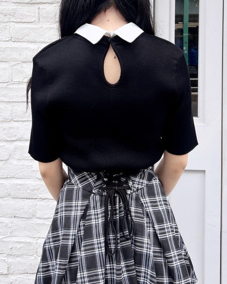 INGNI（イング） 襟付ボウタイ半袖ニット ｸﾛ