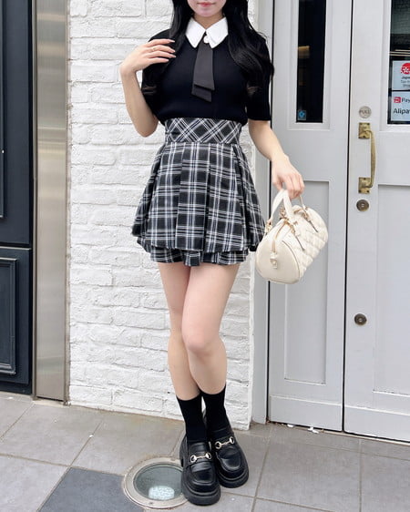 INGNI（イング） 襟付ボウタイ半袖ニット ｸﾛ