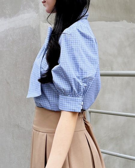 INGNI（イング） 胸刺繍ボウタイ半袖ブラウス ﾌﾞﾙｰ/ﾁｪｯｸ