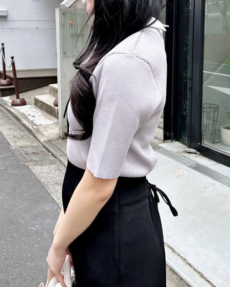 INGNI（イング） 襟付ボウタイ半袖ニット ﾗｲﾄｸﾞﾚｰ