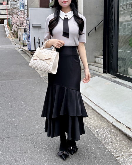 INGNI（イング） 襟付ボウタイ半袖ニット ﾗｲﾄｸﾞﾚｰ