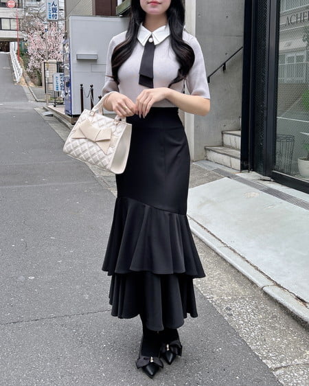 INGNI（イング） 襟付ボウタイ半袖ニット ﾗｲﾄｸﾞﾚｰ