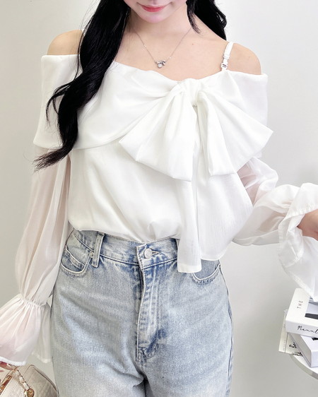 INGNI（イング） シアーオフショルリボンブラウス ｵﾌﾎﾜｲﾄ