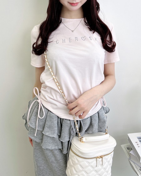 サイドギャザーリボンラインストーンロゴTシャツ