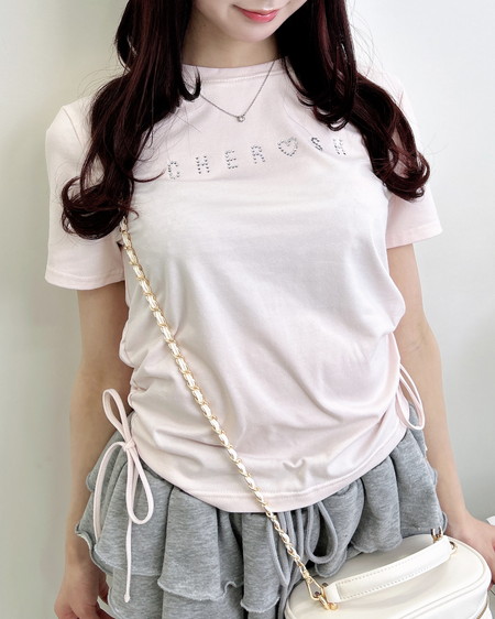 INGNI（イング） サイドギャザーリボンラインストーンロゴTシャツ ﾗｲﾄﾋﾟﾝｸ