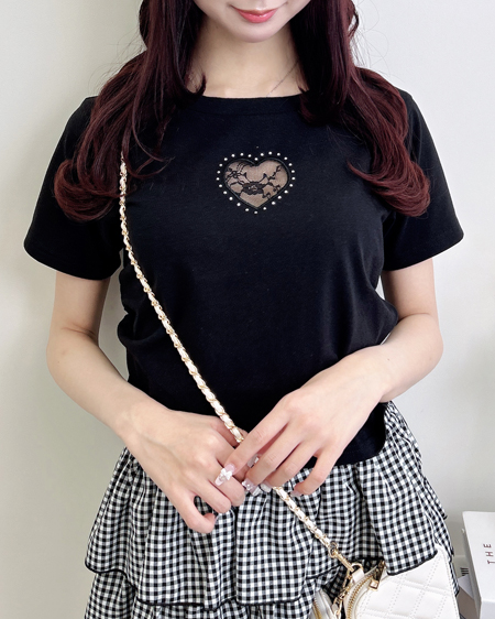 ハートレース抜きサイドギャザーTシャツ