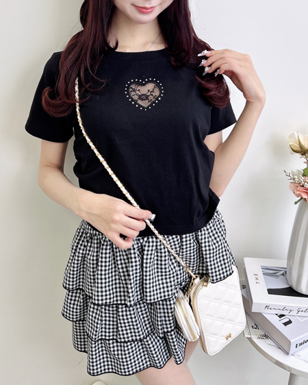 INGNI（イング） ハートレース抜きサイドギャザーTシャツ ｸﾛ