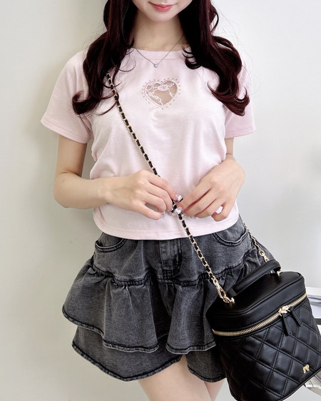 INGNI（イング） ハートレース抜きサイドギャザーTシャツ ﾗｲﾄﾋﾟﾝｸ