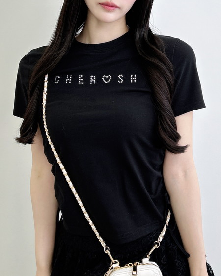 サイドギャザーリボンラインストーンロゴTシャツ